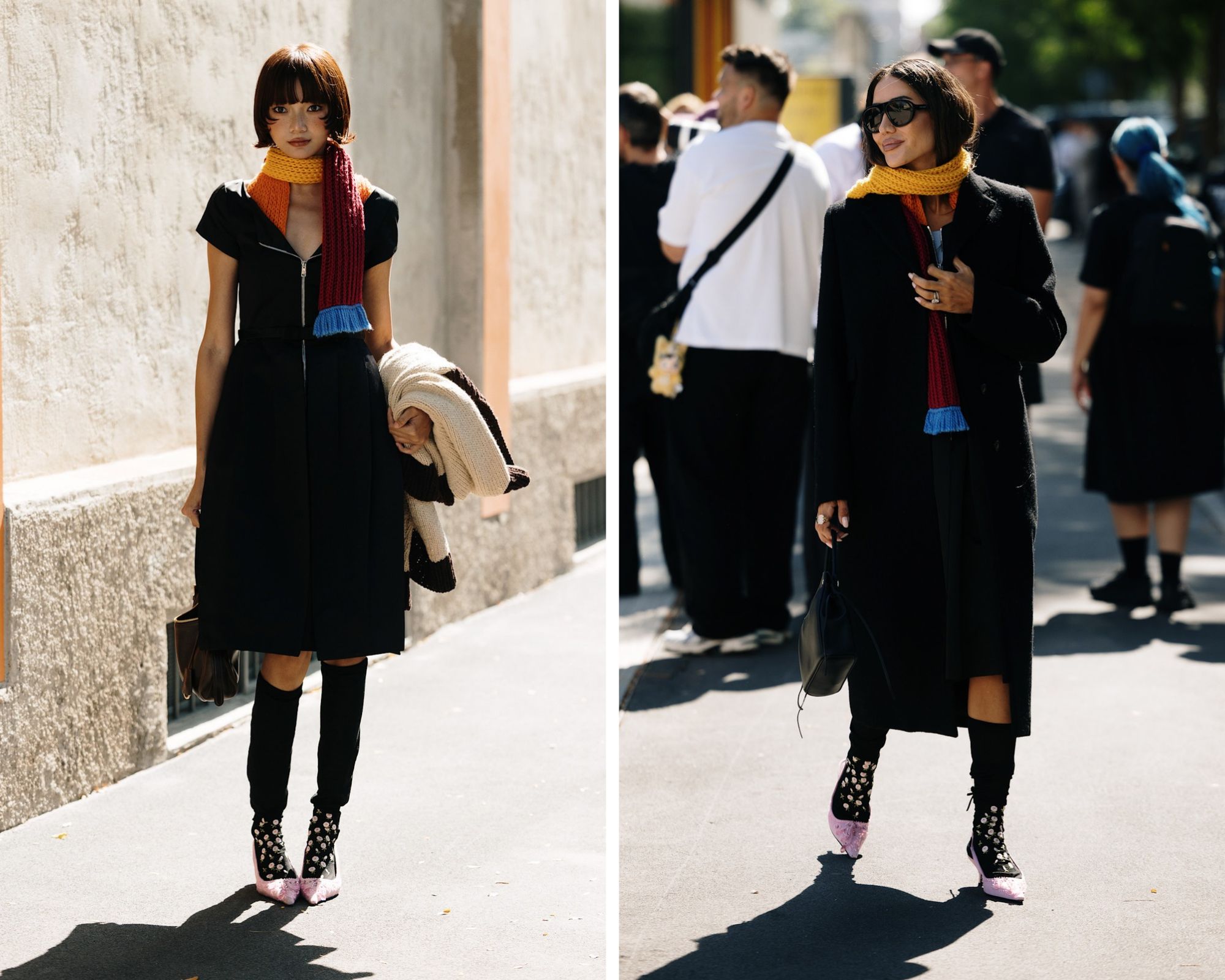 Bijna identieke streetstyle-looks buiten bij de Prada lente/zomer 2027-show